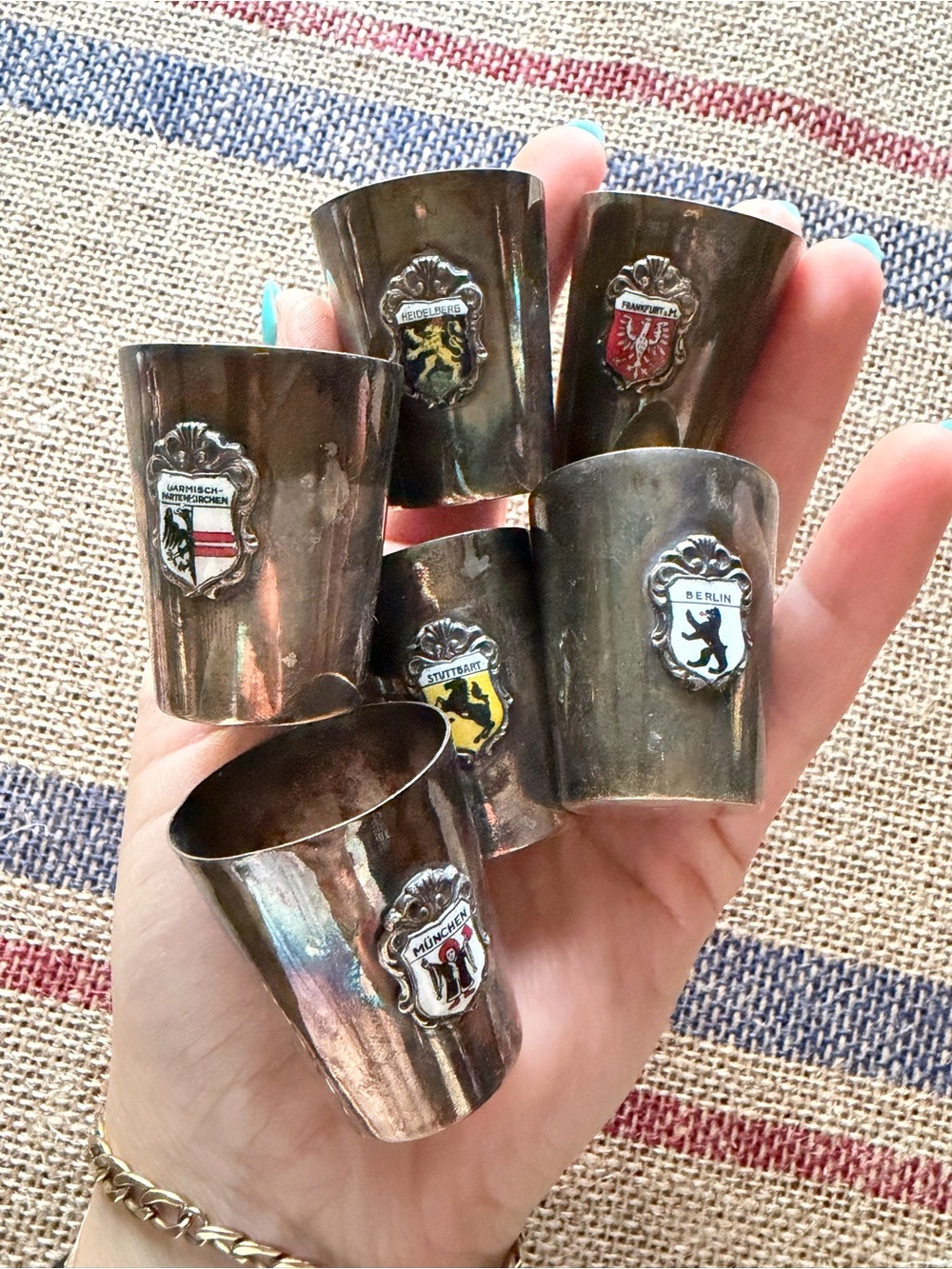 Vintage German Crest Souvenir Shot Glasses - Silver-Tone Set of 6